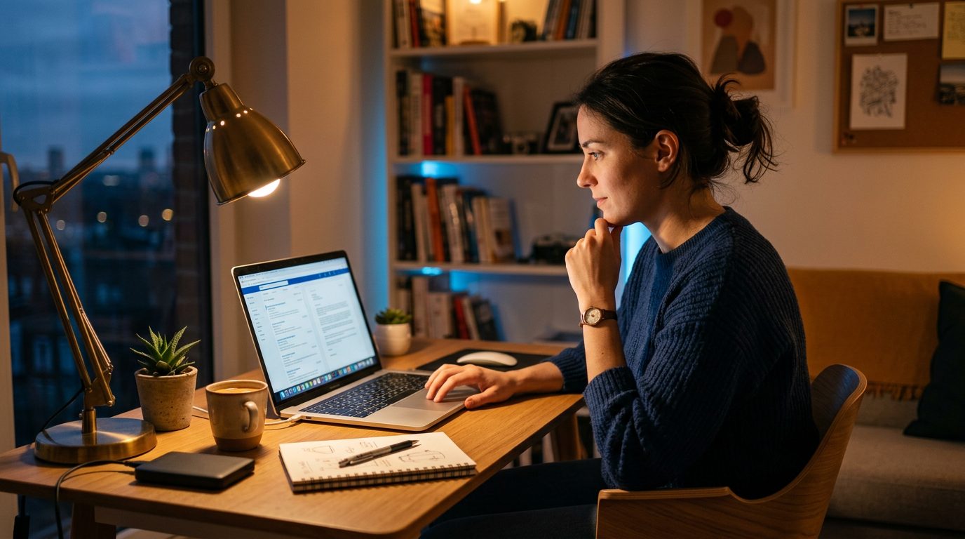 A freelance designer reviewing gig matches and a drafted application on a laptop at a home desk